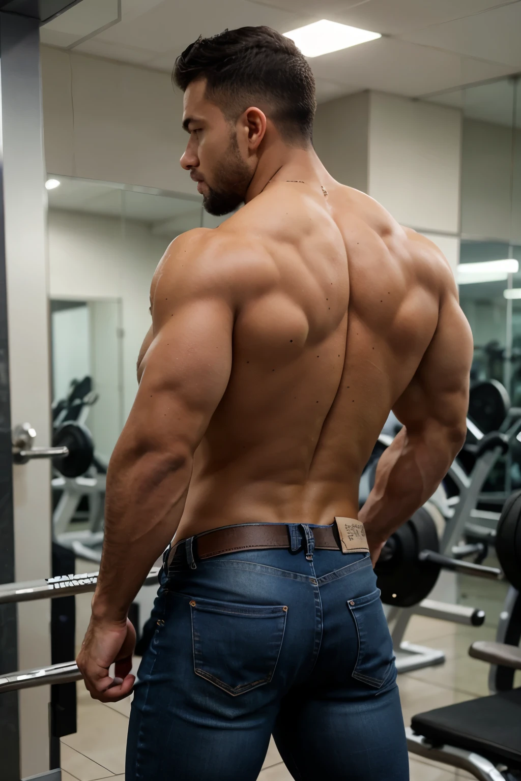 Hombre arafed con barba posando para una foto., fuertes rasgos masculinos, corpo musculoso sexy, tipo de cuerpo musculoso, Athletic Bodybuilding, llevando un traje, pelo negro,traje elegante. Jeans backside