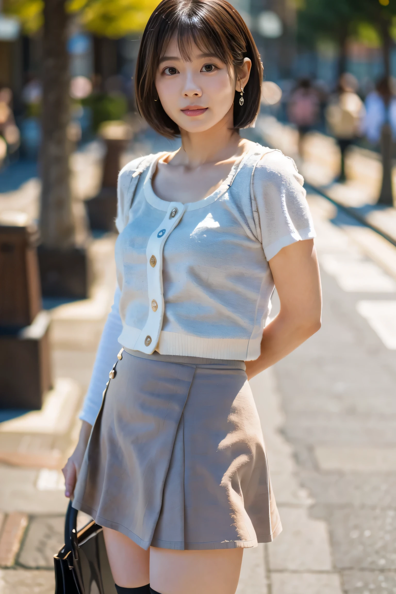 masterpiece, highest quality, Photorealistic, Very detailed, finely, High resolution, 8K Wallpaper, Professional, High level of detail, ((One 20-year-old girl:1.2)), Slender Japanese women,cute lips, Detailed clavicle, Mid-chest、Perfect Face, (Cute short hair:1.5), Chestnut Hair、Cute face、White Cardigan、(Grey Mini Flared Skirt:1.5)、Black short boots、(Sexy poses in the shopping district:1.2)、Perfect Professional Potion、((Complete head-to-toe coverage:1.5)、Panchira image