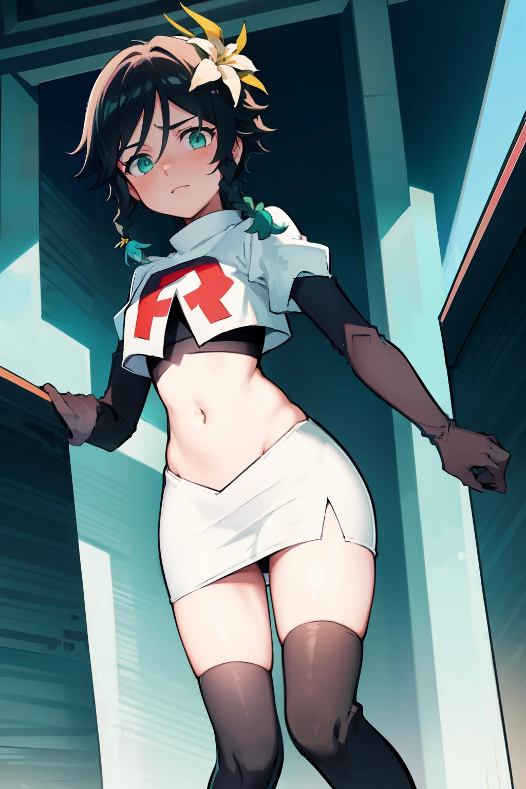 absurdres,venti,1boy, male focus, trap,black hair, green-blue hair, hair braid,hair flower,aqua green eyes,crossdressing,1boy,team rocket,team rocket uniform,white skirt,red letter R,crop top,black thigh-highs,black elbow gloves, embarrassed, blush