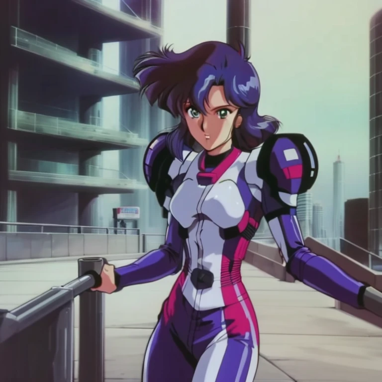 Reika Chang of Bubblegum crisis, idol singer, standing on a bridge, Cyberpunk cityscape Tokyo 2040.