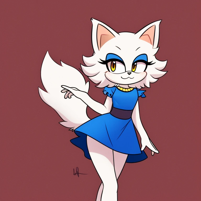 persian cat, white cat mobian, 1girl, fluffy hair, blue dress, fluffy tail