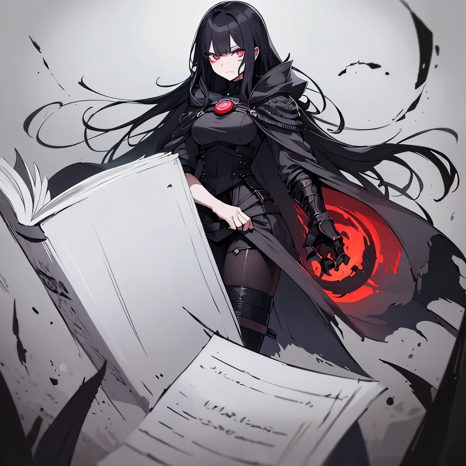 a woman, damage mage clothing, her face marked by a mysterious virus, heterochromatic eyes, infected face, angry face, long black hair, (a white book floating) simple background, dark souls style, a red scar in her right eye, full body, bubbles in her face, damaged face