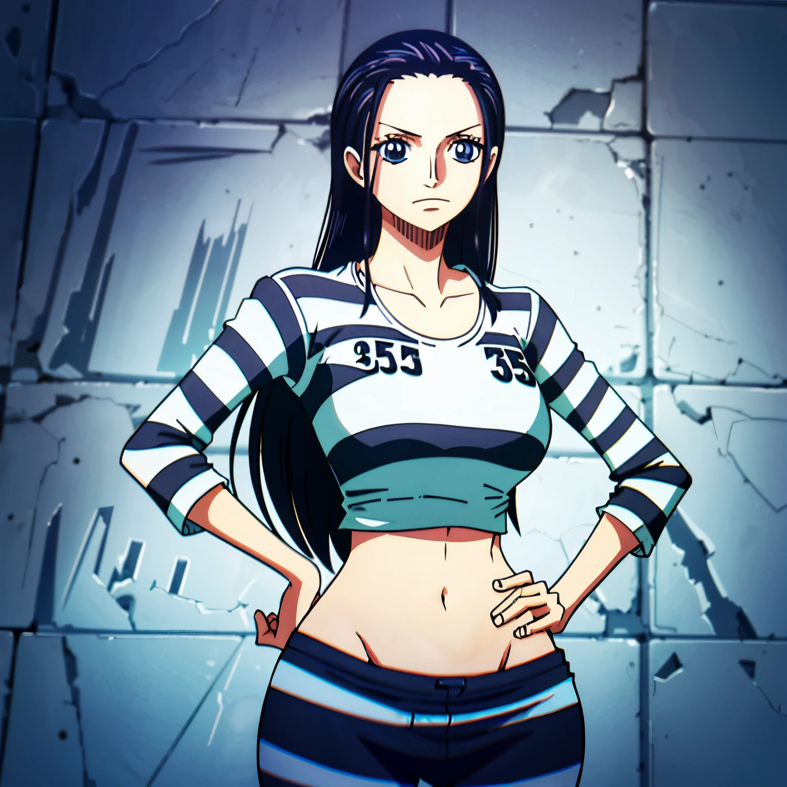 1 chica, (cuerpo bien formado), (solo), 30 years,  hdr, playa, Nico Robin, priropa, striped ropa, prisionero, ropa, ropa, atuendo, pantalones, mangas largas,