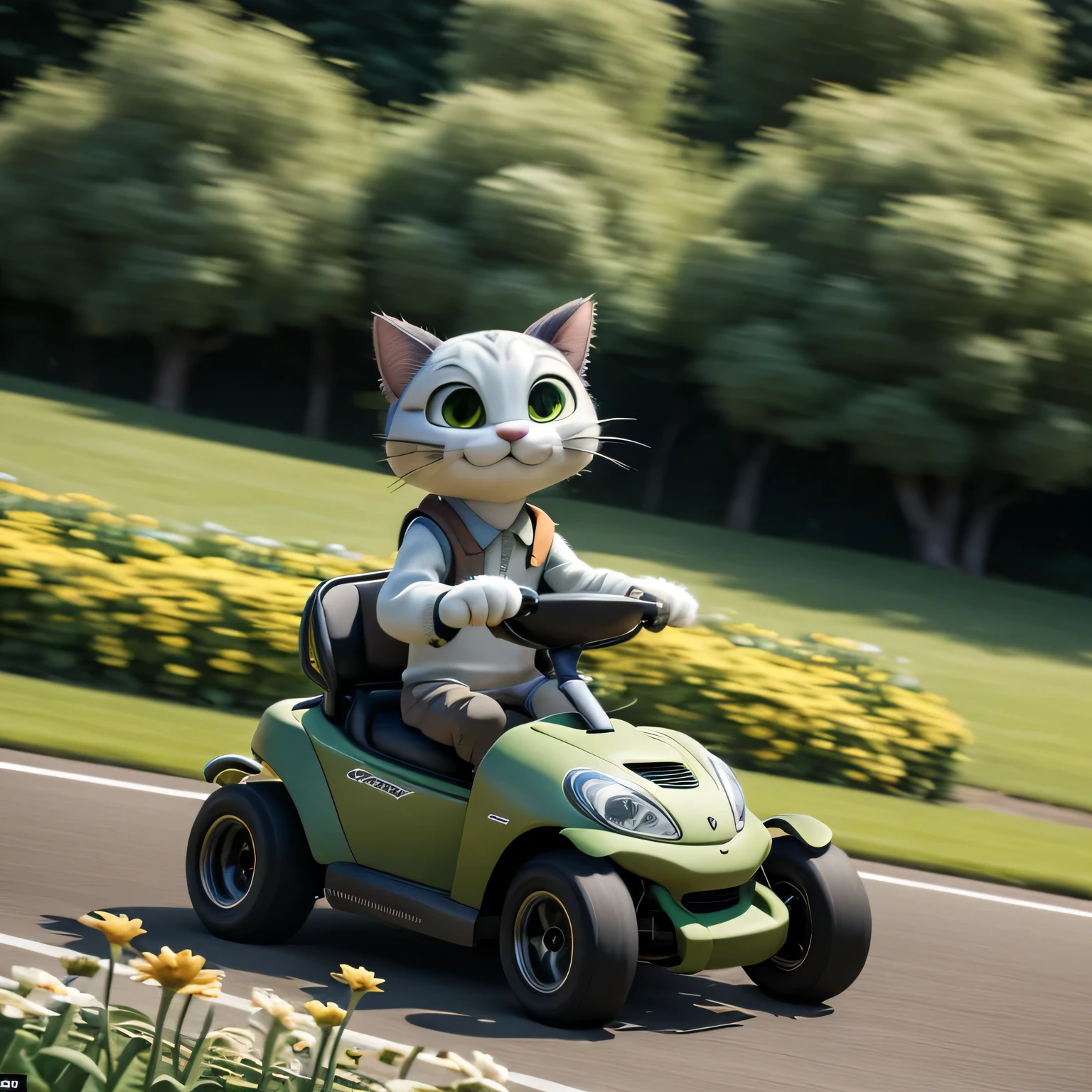 motion blur, Grass and flowers on the side road are blurred by motion blur, pixar style, anthropomorphic, cat running around the circuit in a racing cart, looks fun, (masterpiece), (best quality), (intricate detail)