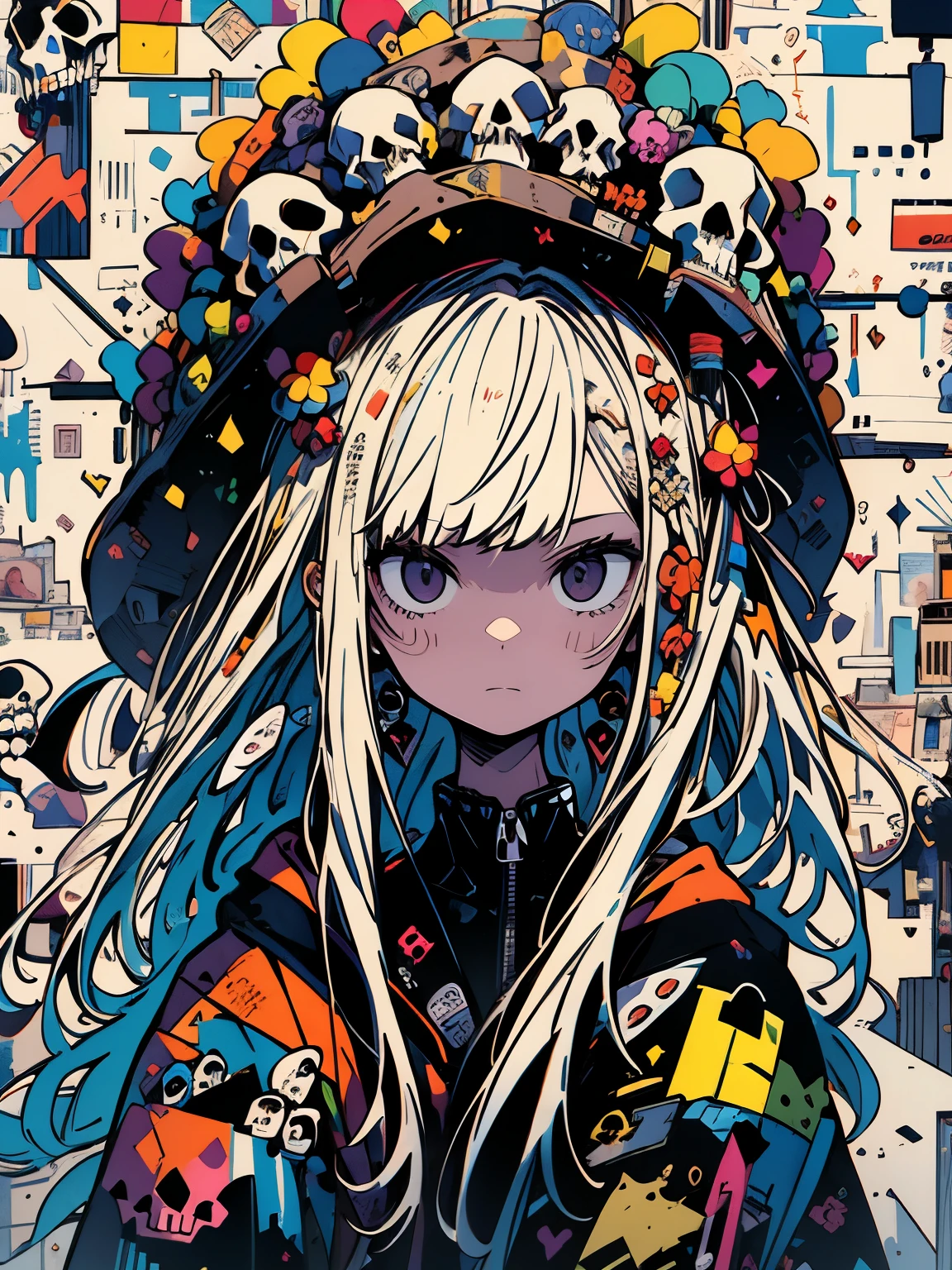 ((((masterpiece)))), highest quality, very_expensive_solve, big_file size, Full Color, look up, With a gentle expression, 1 girl, Background full of skulls