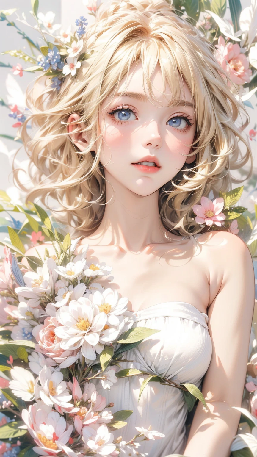 (masterpiece, High resolution, highest quality), Composition from head to thighs:1.3, Upper body focus, A naked 20 year old woman, Blonde Hair, Pose with arms covering chest, FSW, Disorganized, Petal Collage, abstract design, artistic juxtapositions, White background, mixed-media approach, Anime Style, simple lines, Digital Painting,