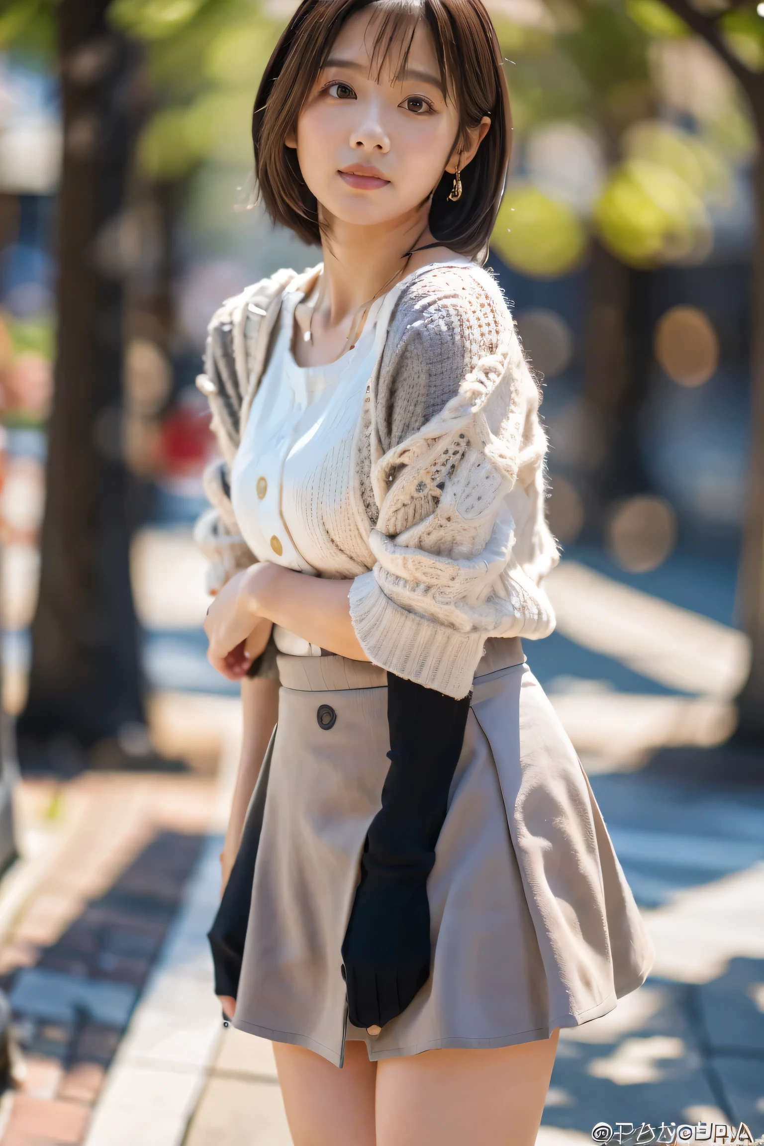 masterpiece, highest quality, Photorealistic, Very detailed, finely, High resolution, 8K Wallpaper, Professional, High level of detail, ((One 20-year-old girl:1.2)), Slender Japanese women,cute lips, Detailed clavicle, Mid-chest、Perfect Face, (Cute short hair:1.5), Chestnut Hair、Cute face、White Cardigan、(Grey Mini Flared Skirt:1.5)、Black short boots、(Sexy poses in the shopping district:1.2)、Perfect Professional Potion、((Complete head-to-toe coverage:1.5)、((Panchira image:1.5))

