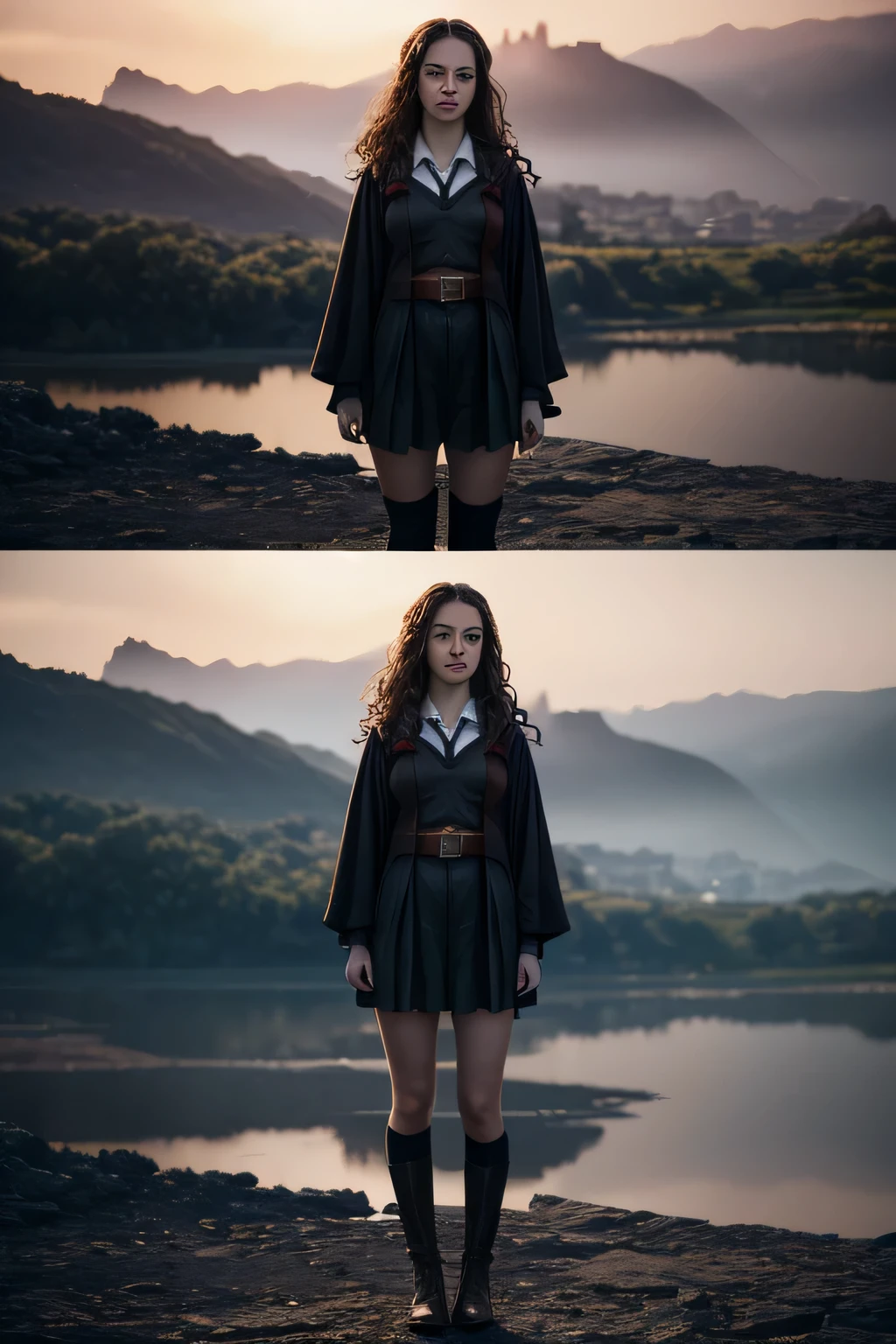 kaya scodelario as Hermione Granger in Harry Potter, 25 years old, black boots, sexy, hit, bushy brown hair and hazel eyes, long hair, harry potter movies style, ((detailed facial features)),(detailed face:1.2) (freckles:1.1)(cute beautiful face:1.3)(((full body))), (hogwarts on background), ((((cinematic look)))), soothing tones,intricate scene, insane details, intricate details, hyperdetailed, low contrast, soft cinematic light, dim colors, exposure blend, hdr, faded, slate atmosphere, Studio Ghibli, ArtStation, CGSociety, Intricate, High Detail, Sharp focus,