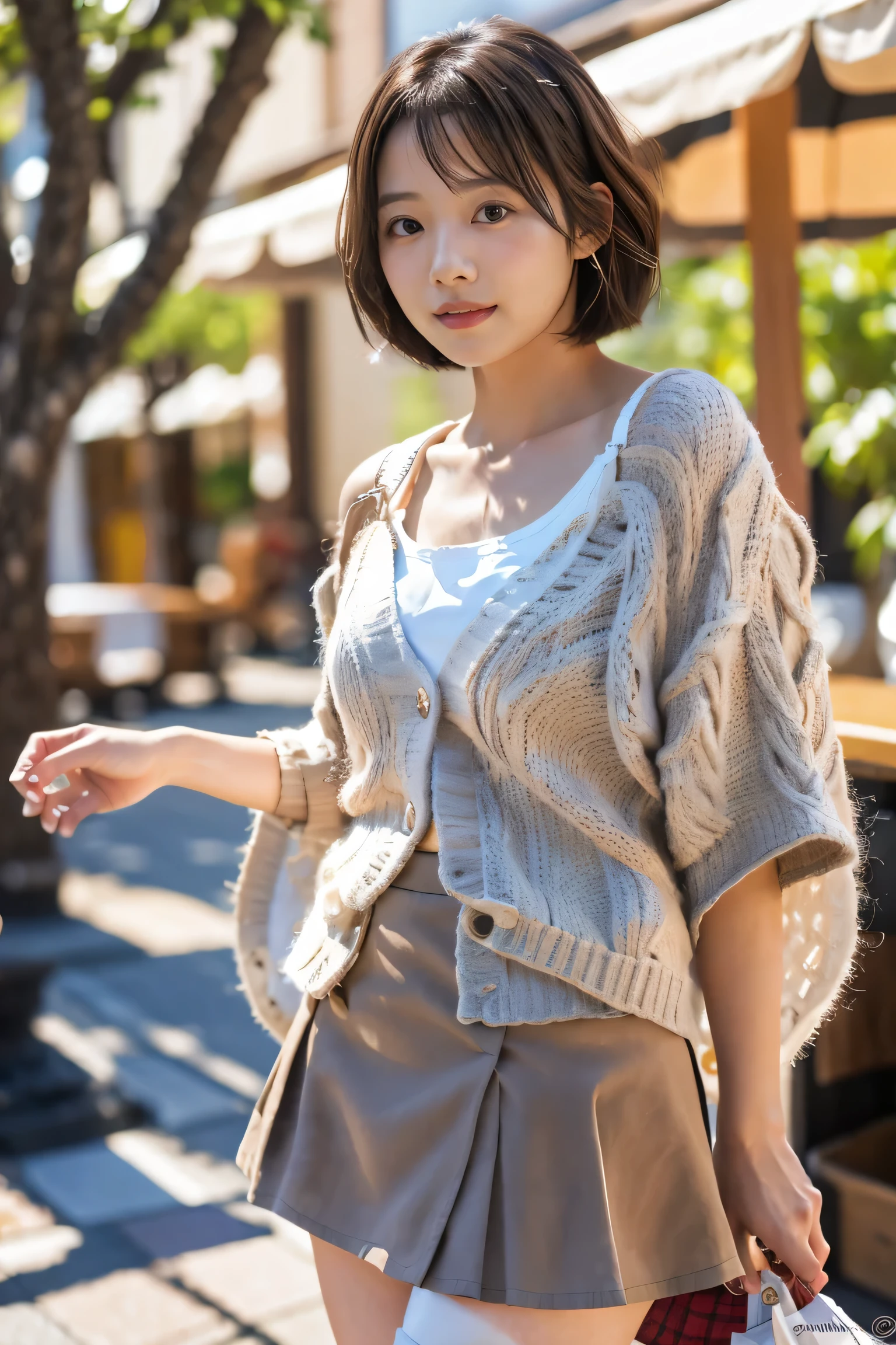 masterpiece, highest quality, Photorealistic, Very detailed, finely, High resolution, 8K Wallpaper, Professional, High level of detail, ((One 20-year-old girl:1.2)), Slender Japanese women,cute lips, Detailed clavicle, Mid-chest、Perfect Face, (Cute short hair:1.5), Chestnut Hair、Cute face、White Cardigan、(Grey Mini Flared Skirt:1.5)、Black short boots、(Sexy poses in the shopping district:1.2)、Perfect Professional Potion、((Complete head-to-toe coverage:1.5)、((Panchira image:1.5))
