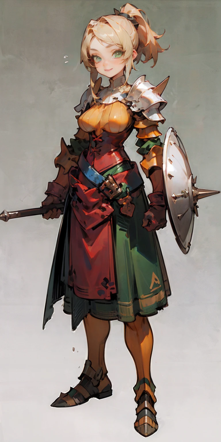 hands on sides, (masterpiece), ultra-detailed, 1girl, detailed eyes, medium breasts, gray background, (full body), green eyes, gray background, full plate armor, confident smile, staring at the viewer, blond hair in a ponytail, standing with a square spike shield