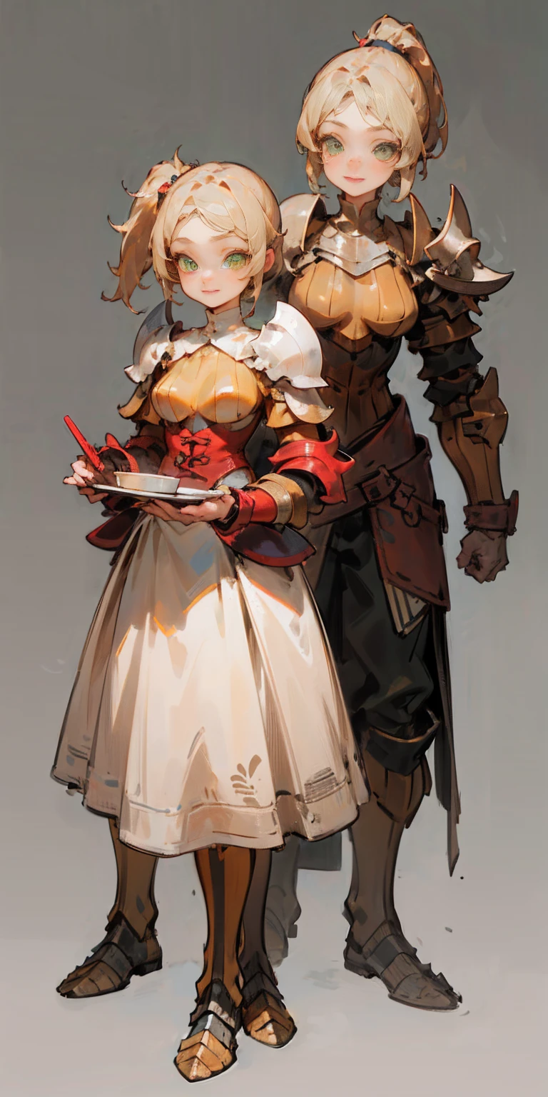 hands on sides, (masterpiece), ultra-detailed, 1girl, detailed eyes, medium breasts, gray background, (full body), green eyes, gray background, full plate armor, confident smile, staring at the viewer, blond hair in a ponytail, standing with a square spike shield