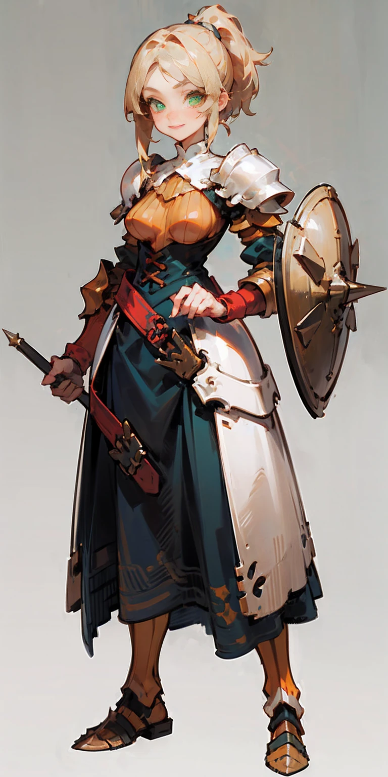 hands on sides, (masterpiece), ultra-detailed, 1girl, detailed eyes, medium breasts, gray background, (full body), green eyes, gray background, full plate armor, confident smile, staring at the viewer, blond hair in a ponytail, standing with a square spike shield