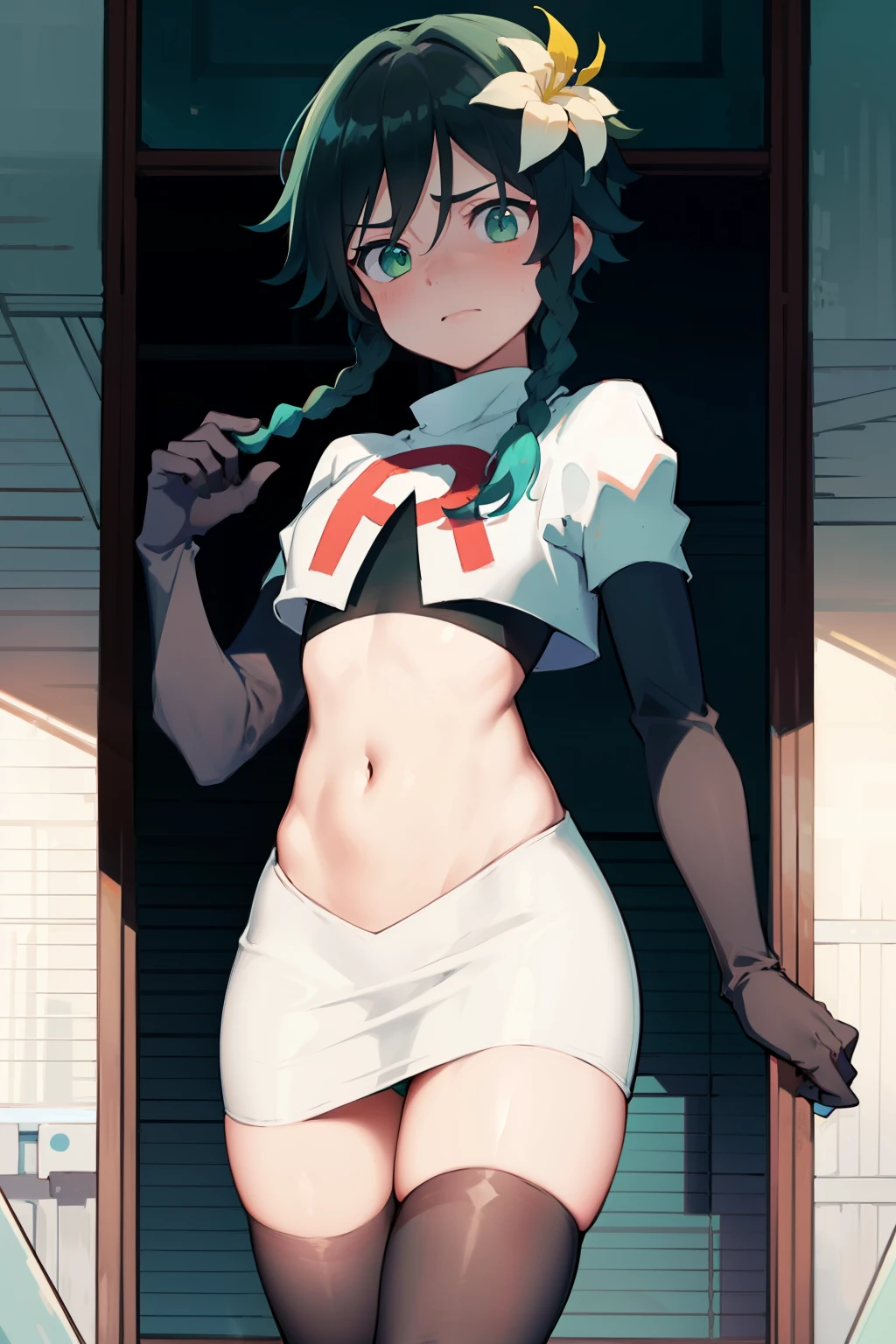 absurdres,venti,1boy, male focus, trap,black hair, green-blue hair, hair braid,hair flower,aqua green eyes,crossdressing,1boy,team rocket,team rocket uniform,white skirt,red letter R,crop top,black thigh-highs,black elbow gloves, embarrassed, blush