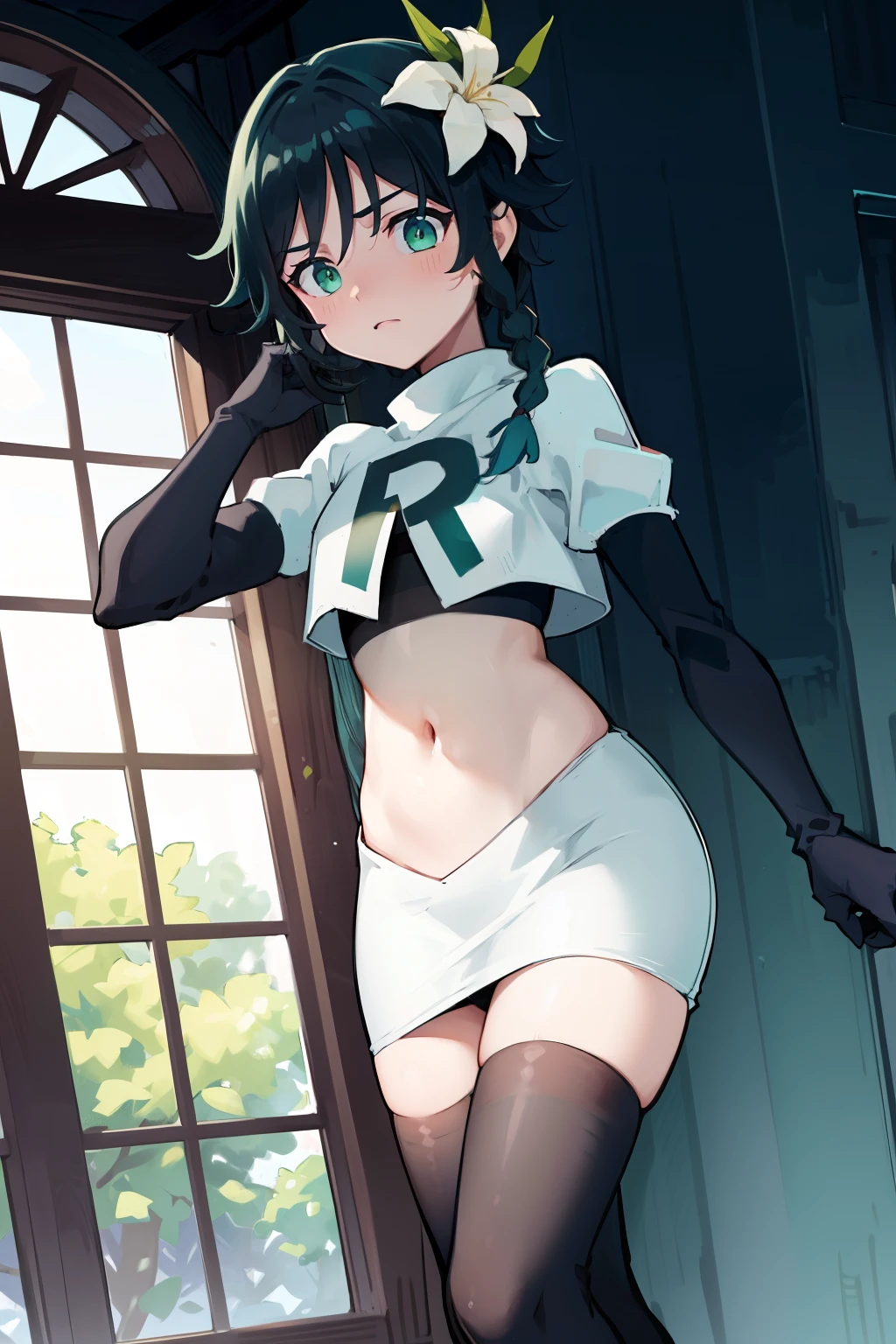 absurdres,venti,1boy, male focus, trap,black hair, green-blue hair, hair braid,hair flower,aqua green eyes,crossdressing,1boy,team rocket,team rocket uniform,white skirt,red letter R,crop top,black thigh-highs,black elbow gloves, embarrassed, blush