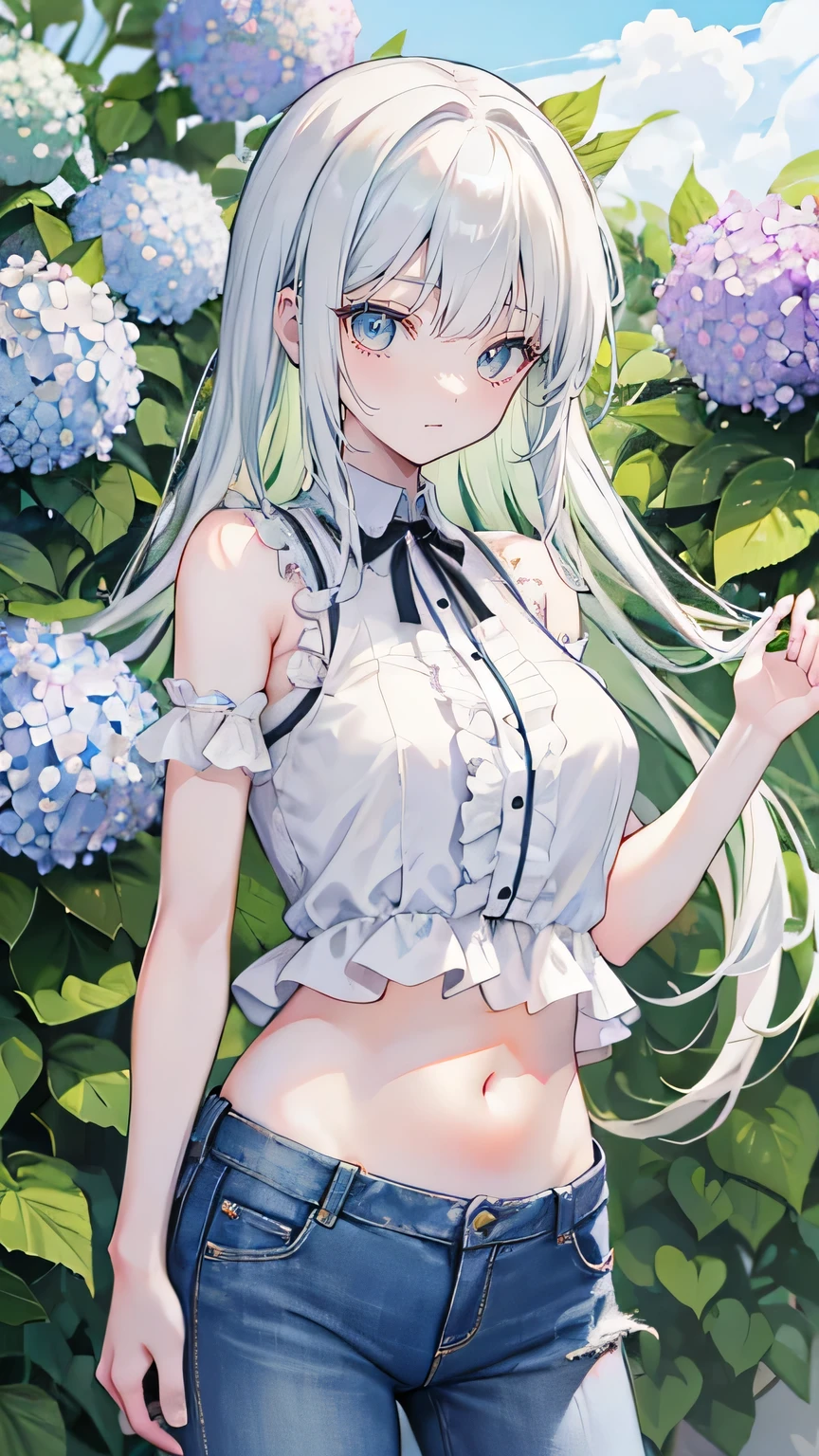 White hair,Long hair,Bangs,Bangs neatly,green hair band,Gray eyes,girl,cute,laughing expression,Short sleeves with exposed shoulders,jeans,Navel,Standing on the ground,Don't show your arms,Background is hydrangea,Lots of hydrangeas,many clouds