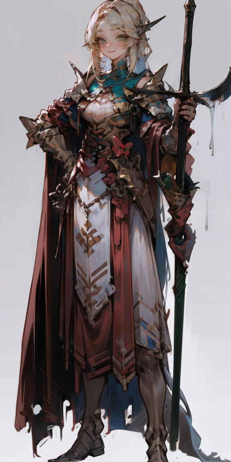 hands on sides, (masterpiece), ultra-detailed, 1girl, detailed eyes, medium breasts, gray background, (full body), green eyes, gray background, full plate armor, confident smile, staring at the viewer, blond hair in a ponytail, standing with a square spike shield