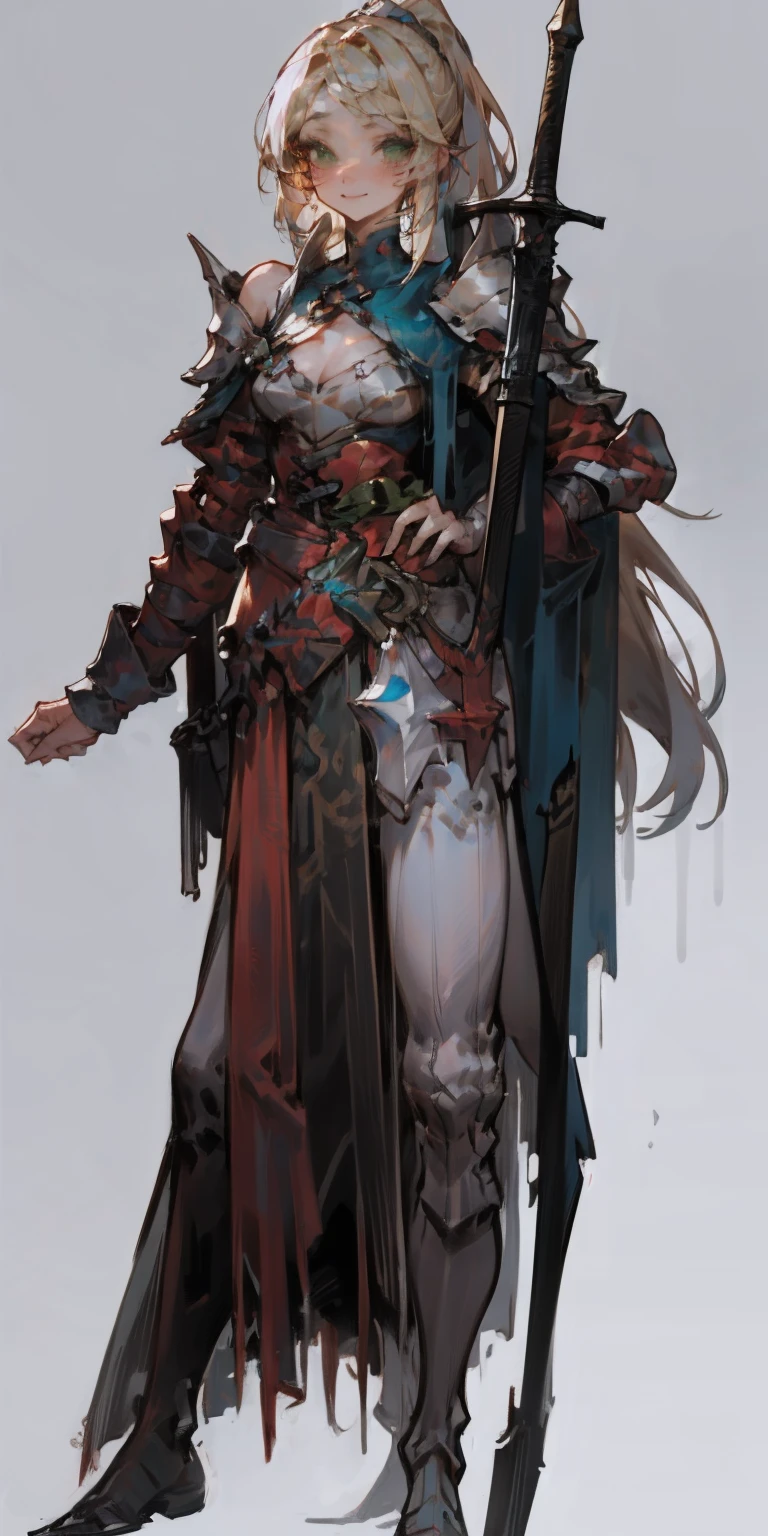 hands on sides, (masterpiece), ultra-detailed, 1girl, detailed eyes, medium breasts, gray background, (full body), green eyes, gray background, full plate armor, confident smile, staring at the viewer, blond hair in a ponytail, standing with a square spike shield