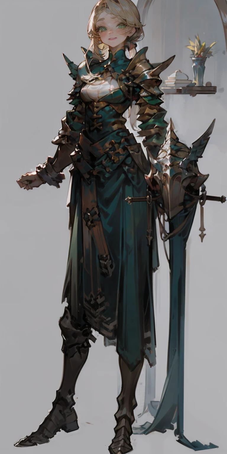 hands on sides, (masterpiece), ultra-detailed, 1girl, detailed eyes, medium breasts, gray background, (full body), green eyes, gray background, full plate armor, confident smile, staring at the viewer, blond hair in a ponytail, standing with a square spike shield