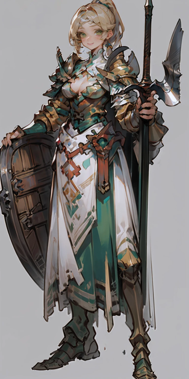 hands on sides, (masterpiece), ultra-detailed, 1girl, detailed eyes, medium breasts, gray background, (full body), green eyes, gray background, full plate armor, confident smile, staring at the viewer, blond hair in a ponytail, standing with a square spike shield