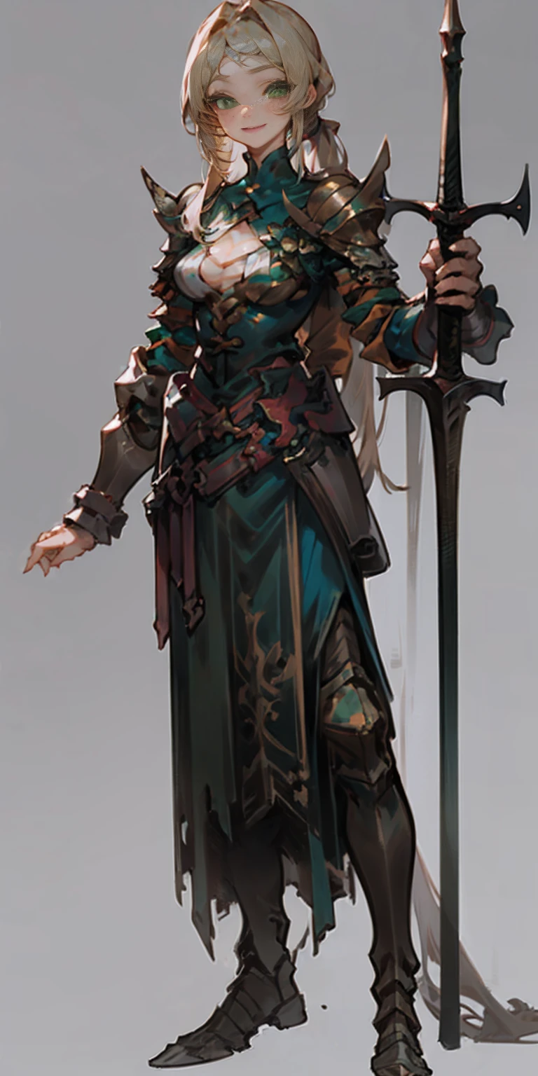 hands on sides, (masterpiece), ultra-detailed, 1girl, detailed eyes, medium breasts, gray background, (full body), green eyes, gray background, full plate armor, confident smile, staring at the viewer, blond hair in a ponytail, standing with a square spike shield