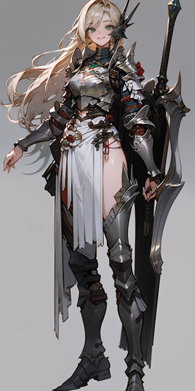 hands on sides, (masterpiece), ultra-detailed, 1girl, detailed eyes, medium breasts, gray background, (full body), green eyes, gray background, full plate armor, confident smile, staring at the viewer, blond hair in a ponytail, standing with a square spike shield