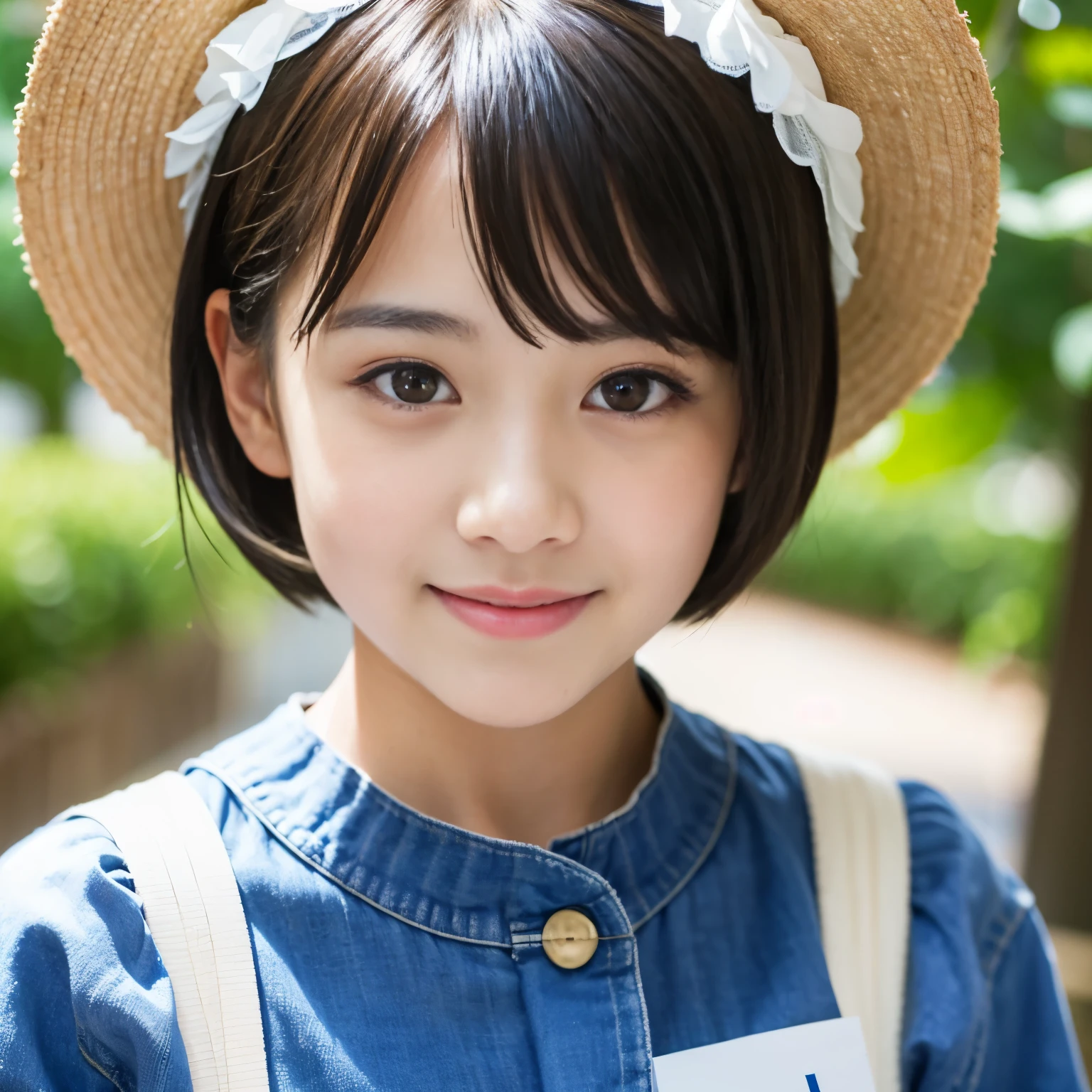 Best-quality, Masterpiece, Ultra-High-Resolution, (Photorealistic:1.4), Raw-Photo, upper body, 1girl, (12-years-old), the most famous Japanese-idol, (extremely cute and extremely childish face, ((extremely beautiful big-black-eyes)), extremely beautiful short-cut-haired, extremely beautiful skins), extremely beautiful long-eyelashes, extremely beautiful lips, innocent-smile