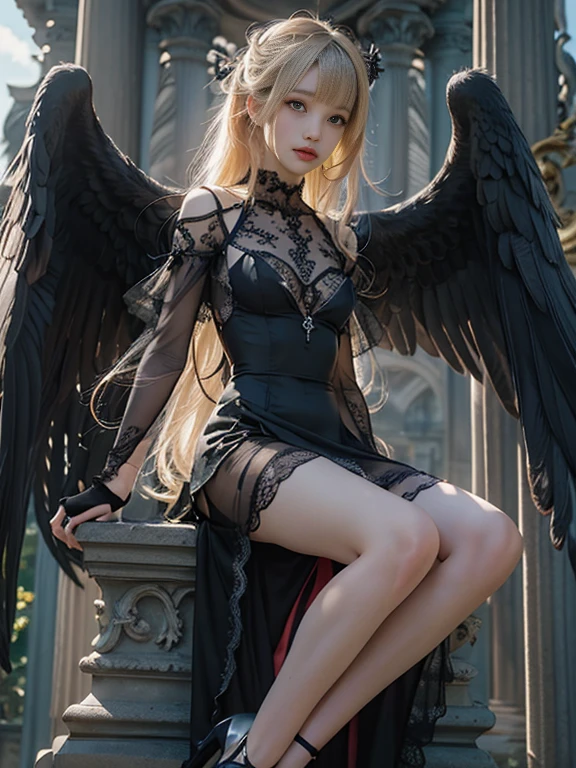 8K, Raw photo, Photorealistic, (Detailed skin, Best Quality:1.2), seductive succubus, (black wings), Teenage Japanese girl with black angel wings perched high upon a pillar in the evening sky, ((black evening dress, black lace dress, long dress)), (((flat chest:1.4))), (light blonde hair, long straight hair, blunt bangs), (Neat face, pale skin), translucent black cloth is wrapped around the body, thighs, sunset sky high, sunset light