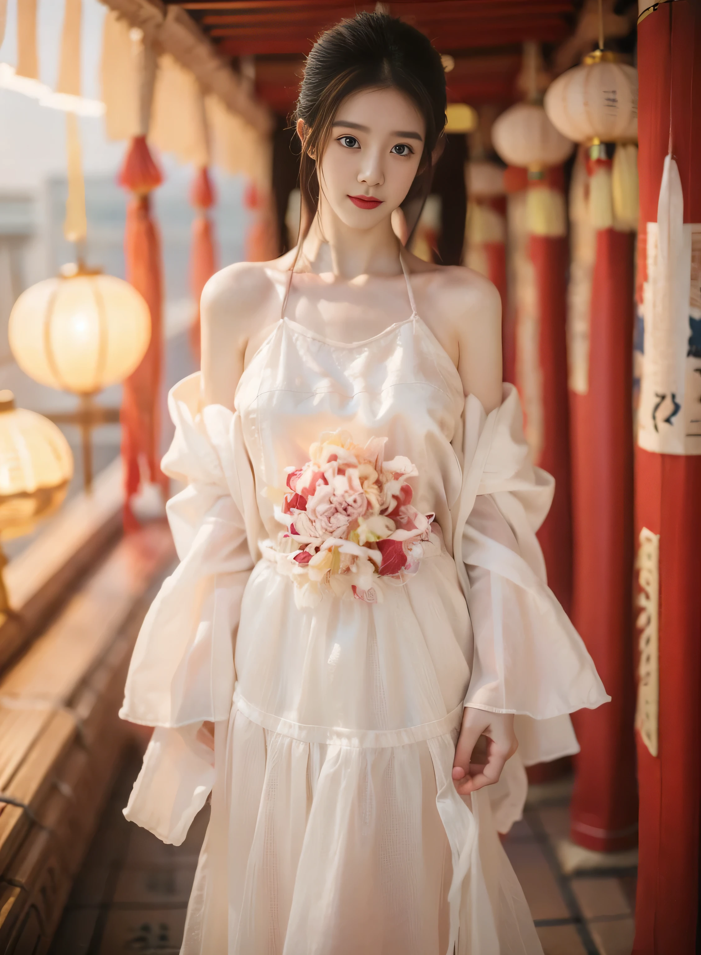 1 girl,(best quality, masterpiece:1.2), Super detailed,Solo selfie,off shoulder dress,Chinese Princess, (Pink belly pocket:1.4) ( Hanfu ),Vision,Background Bokeh