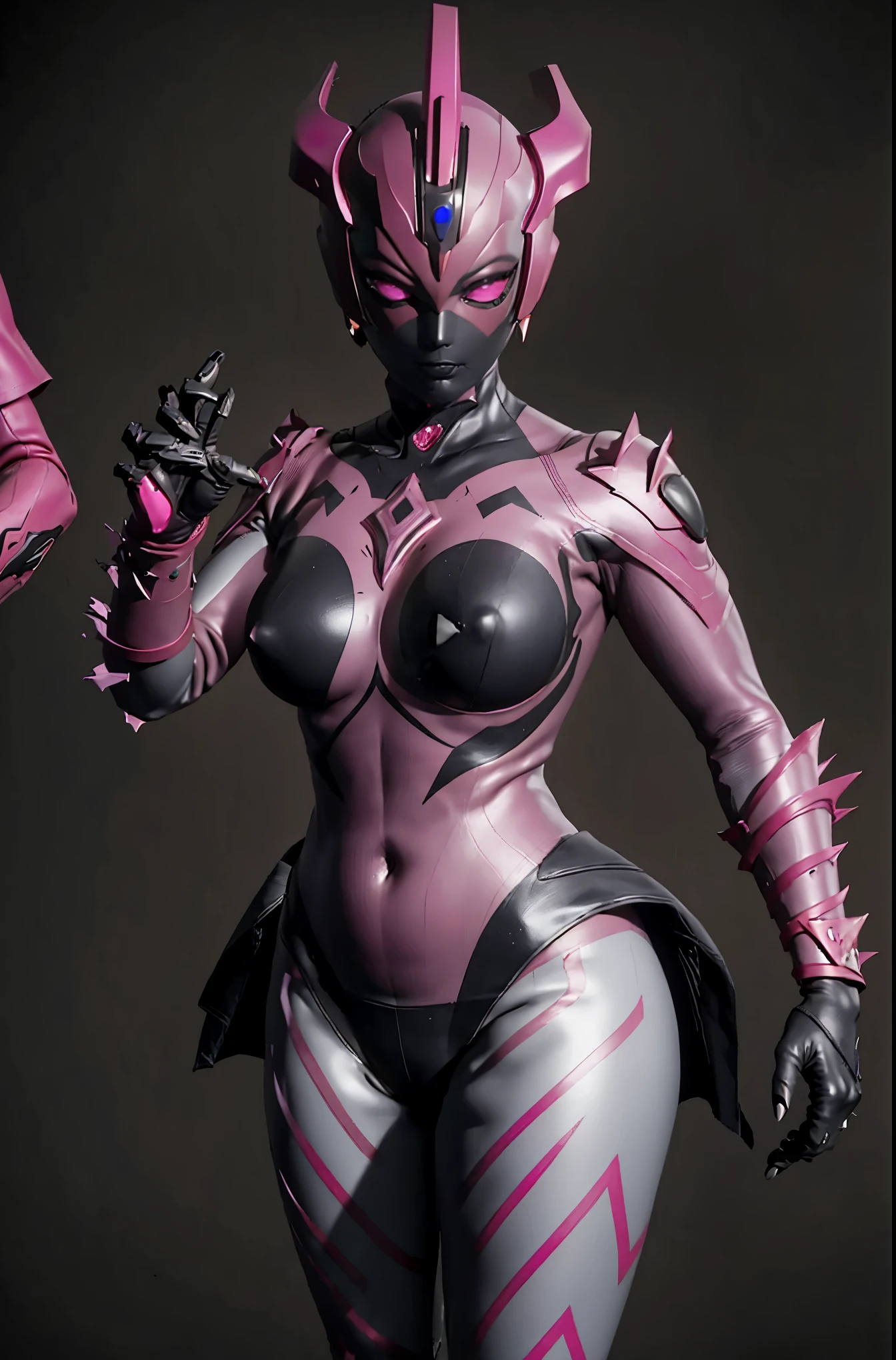 Ultraman Woman. (high quality)(luster)(Black and Pink thema color)(Black helmet. Black mask)women only. The whole body is covered with a black bodysuit. Spike decoration. Pink lines all over the body. purple coloreye. pink glow crystal. pink sharp claw. Place hands next to head. Emphasize the belly button. dark background.