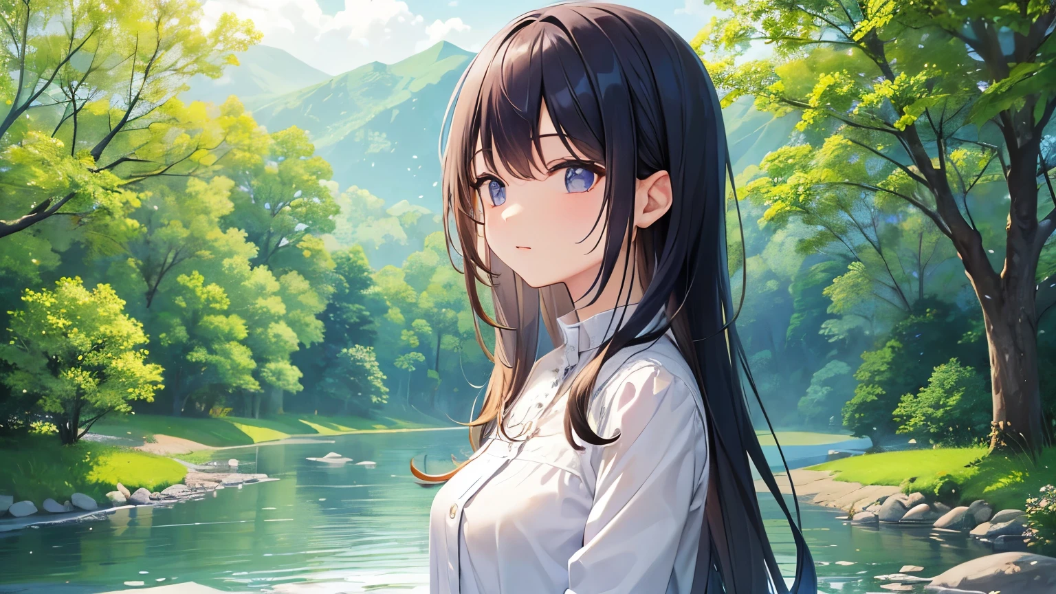 Anime girl with long hair standing in front of a river - SeaArt AI