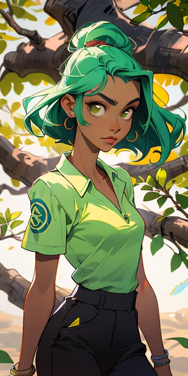 (obra de arte, melhor qualidade), 1 garota, clavicle, argolas, cabelo liso, olhando para o espectador, tronco, colar, Camisa, gangue nas costas, pele escura, cabelo verde, luz solar