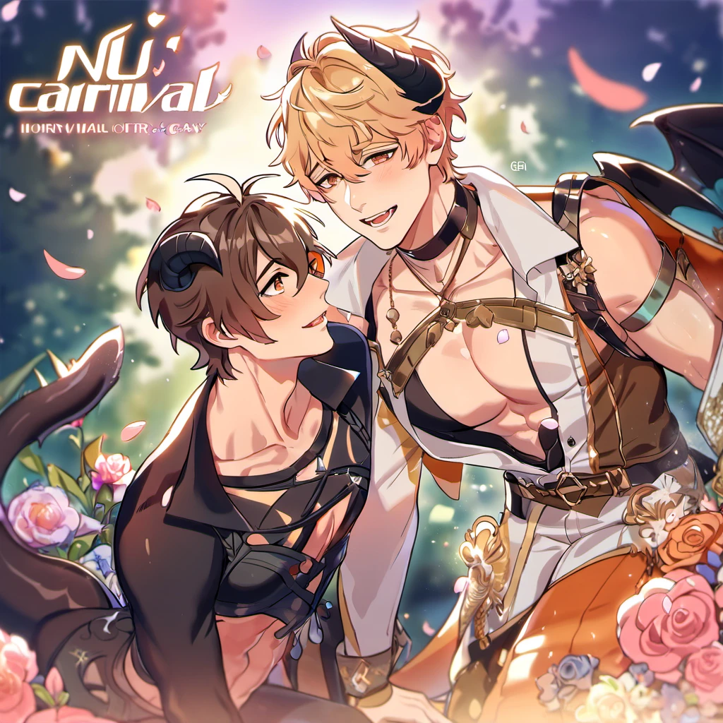 absurdres, highres, ultra detailed, HDR, master piece, best quality, Quincy, blond messy short hair, expressive orange eyes, Nu Carnival, Eiden, expressive brown eyes, 2men together, sexy gay couple, handsome, black horns, tail, horny, fantasy black demon clothes, accessories, showing the chest, magical forest, petals, flowers