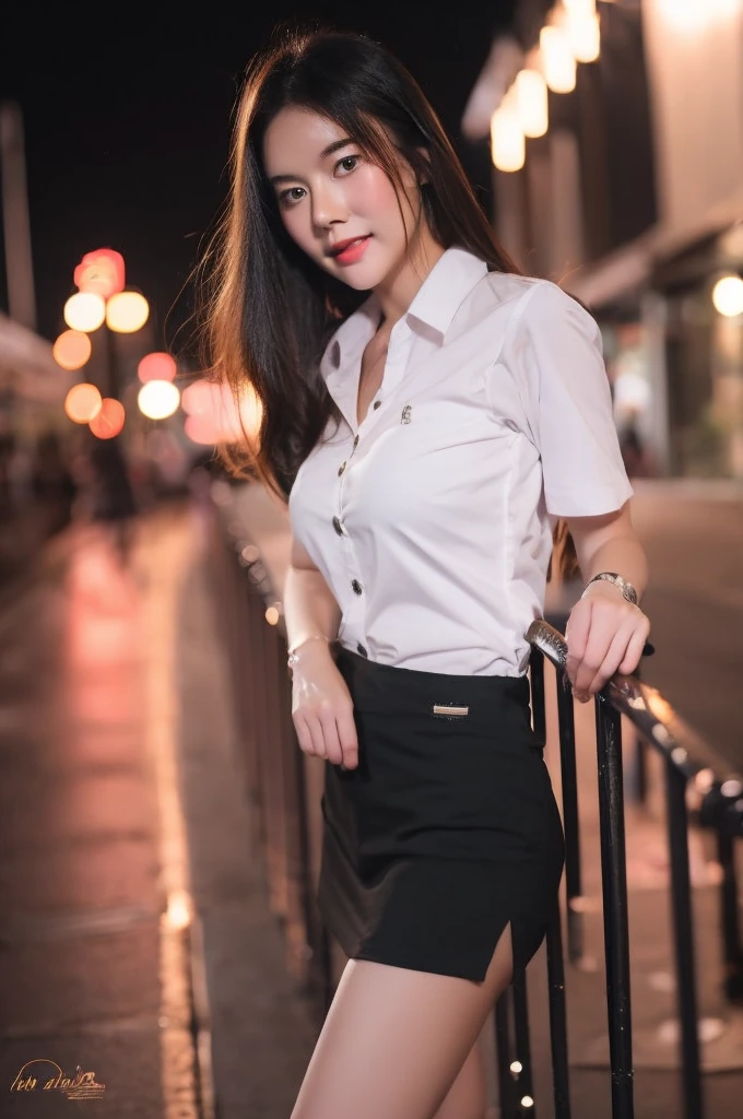 best quality, 8k, highly detailed face and skin texture, high resolution, cute asian girl in white shirt and black short skirt in city at night, sharp focus