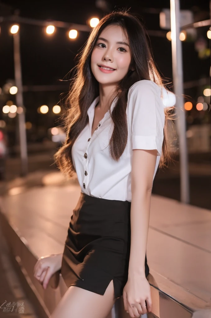 best quality, 8k, highly detailed face and skin texture, high resolution, cute asian girl in white shirt and black short skirt in city at night, sharp focus
