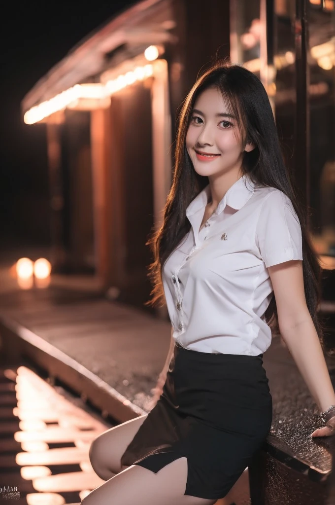best quality, 8k, highly detailed face and skin texture, high resolution, cute asian girl in white shirt and black short skirt in city at night, sharp focus