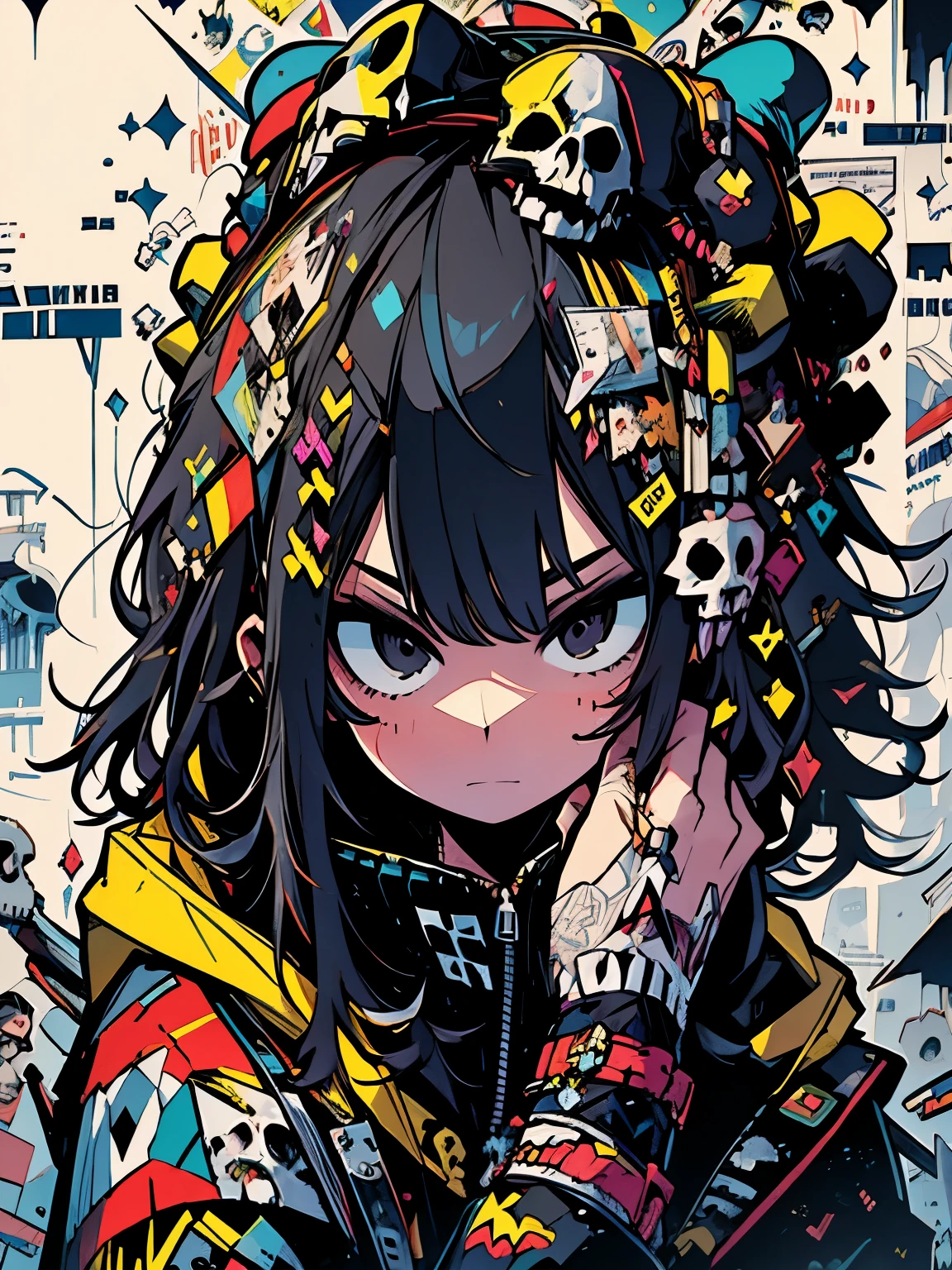 ((((masterpiece)))), highest quality, very_expensive_solve, big_file size, Full Color, look up, With a gentle expression, 1 girl, Background full of skulls