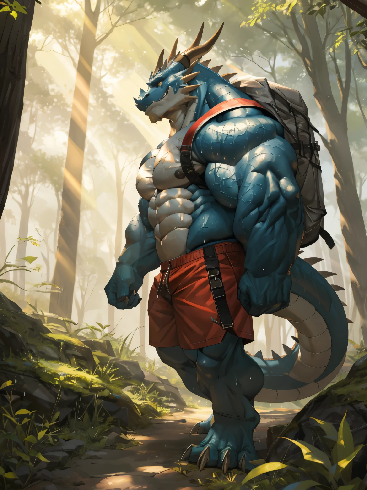 (best quality,4k,8k,highres,masterpiece:1.2),ultra-detailed,(realistic,photorealistic,photo-realistic:1.37),huge muscular furry dragon,long horns,sharp claws,bright blue scales,shirtless,red shorts,backpack,hiking attire,standing tall in a lush green forest,sunlight filtering through the dense foliage,casting dappled shadows on the ground,dust particles floating in the air,golden rays illuminating the dragon's strong and powerful physique,glistening sweat on its toned muscles,facial expression showcasing determination and confidence,an adventurous gleam in its eyes