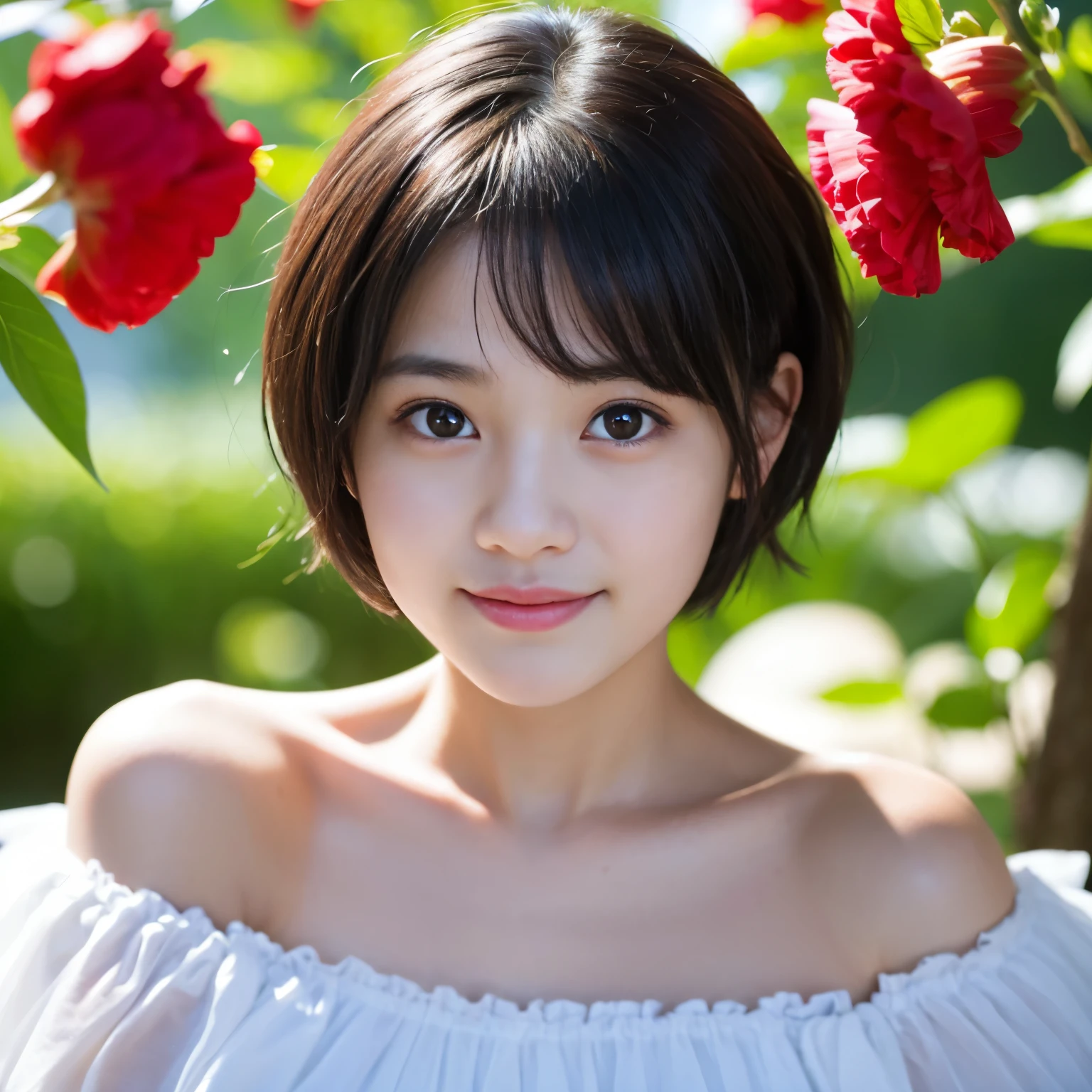 Best-quality, Masterpiece, Ultra-High-Resolution, (Photorealistic:1.4), Raw-Photo, upper body, 1girl, 15-years-old, the most famous Japanese-idol, (extremely cute and extremely childish face, ((extremely beautiful big-black-eyes)), extremely beautiful short-cut-haired, extremely beautiful skins), extremely beautiful long-eyelashes, extremely beautiful lips, innocent-smile, Best-quality, Masterpiece, Ultra-High-Resolution, (Photorealistic:1.4), Raw-Photo