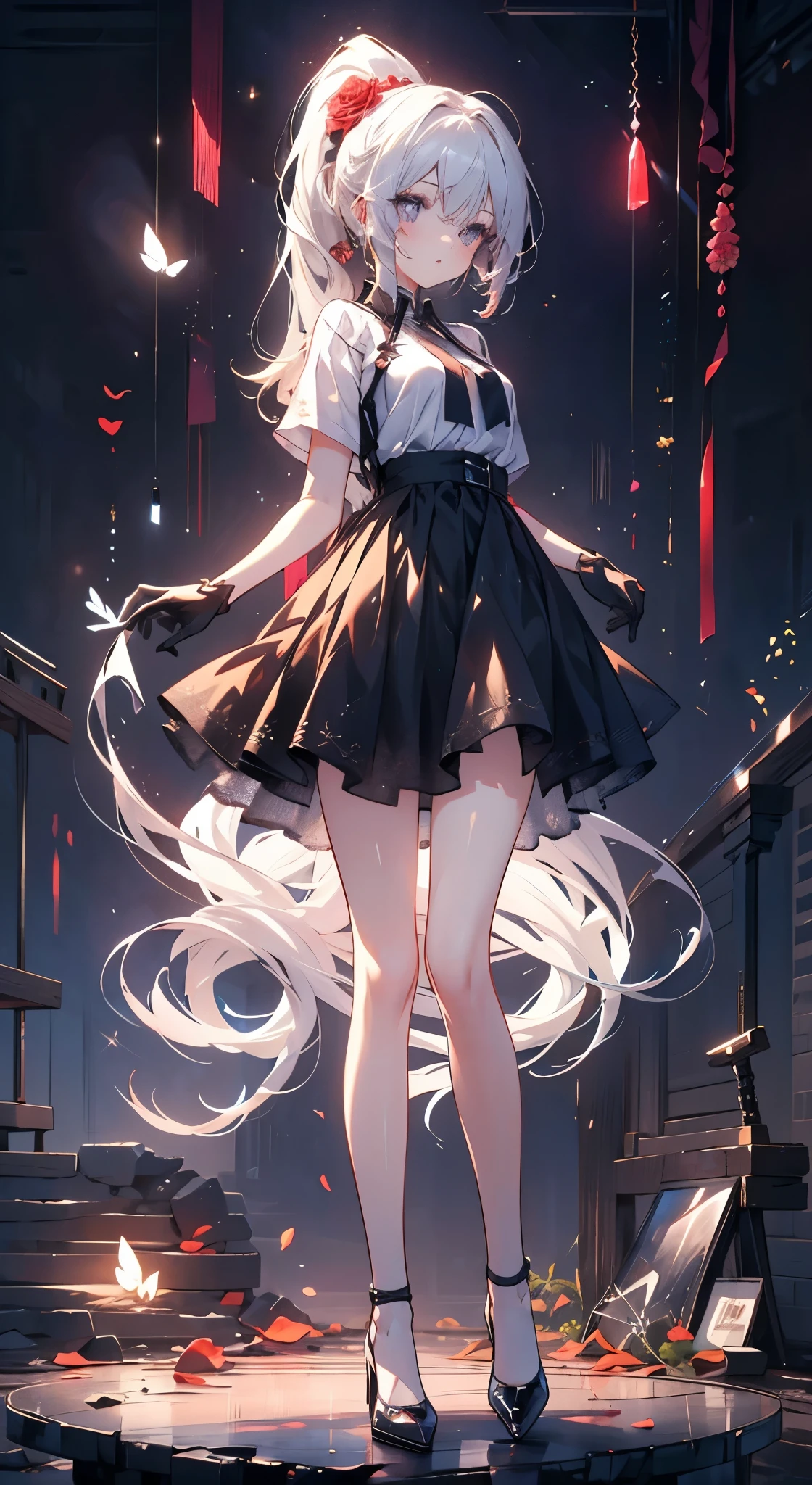 A girl, Rich colors, Long white hair, Red眼睛 ，Eyeliner, black transparent clothes, Red, open air, Rose, night, ruins, Butterfly，mine same as the original, mine, , (:1.2) rest, (Black long skirt), (View from below), (Put your arms behind your back), (wild lift), Thin dress,, 最good quality, High resolution, Unity 8K Wallpaper, (illustration:0.8), (Beautiful and delicate eyes:1.6), extremely detailed face, Perfect lighting, Very detailed CG, (Perfect hands, Perfect anatomical structure),，blond，red lips，Acting cute，Long hair马尾，High heel，good quality, absurd, Super detailed, holographic,, Dynamic poses, Golden Ratio, 超级Lovely女孩, Mature girl, extremely beautiful,，With super beautiful purple eyes, Super beautiful white hair, Glowing skin, high ponytail, Good and harmonious , Slender and delicate figure, Perfect body, (Wearing a short white top,) Lovely，Full body shot，Long hair，shoes，Black skirt, Short sleeve，Messy hair, Black gloves,,Fade the background,Full body photo of the individual,cartoon，t-shirt，Eyes with highlights，Leg ring，Noble princess