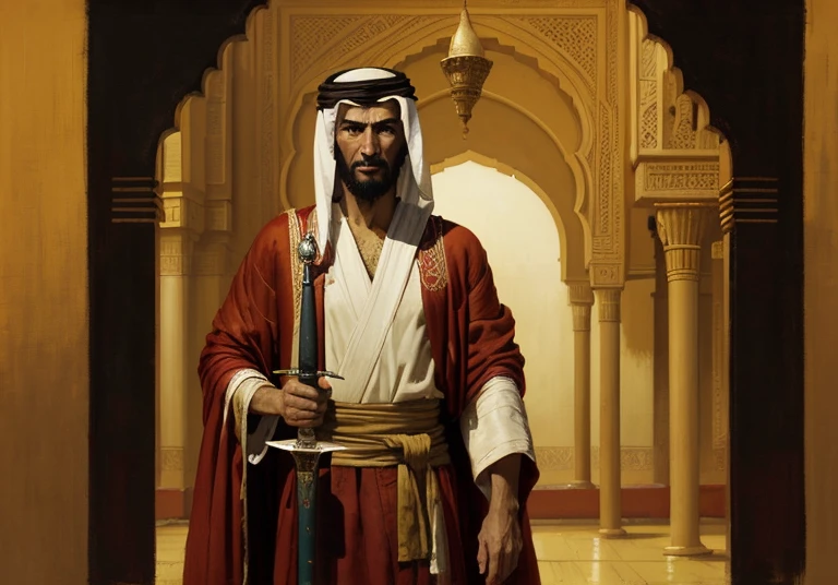 painting of a man in a red robe holding a sword, a fine art painting by George B. Bridgman, shutterstock, fine art, an arab standing watching over, orientalism painting, orientalist, orientalist painting, portrait of bedouin d&d, orientalism, grim dark orientalism, with a orientalist smileful face, jean leon gerome