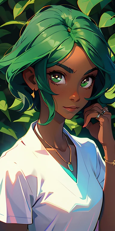 (masterpiece, best quality), 1girl, collarbone, rings, straight hair, looking at viewer, upper body, necklace, shirt, gang at back, dark skin, green hair, sunlight