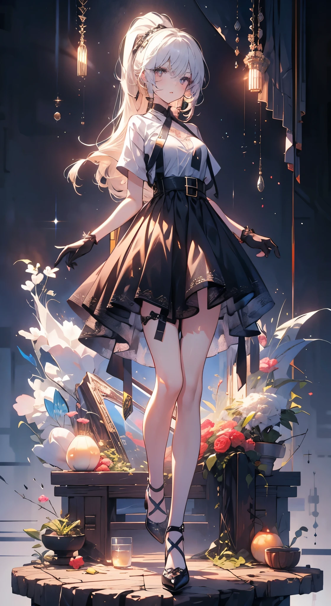 A girl, Rich colors, Long white hair, Red眼睛 ，Eyeliner, black transparent clothes, Red, open air, Rose, night, ruins, Butterfly，mine same as the original, mine, , (:1.2) rest, (Black long skirt), (View from below), (Put your arms behind your back), (wild lift), Thin dress,, 最good quality, High resolution, Unity 8K Wallpaper, (illustration:0.8), (Beautiful and delicate eyes:1.6), extremely detailed face, Perfect lighting, Very detailed CG, (Perfect hands, Perfect anatomical structure),，blond，red lips，Acting cute，Long hair马尾，High heel，good quality, absurd, Super detailed, holographic,, Dynamic poses, Golden Ratio, 超级Lovely女孩, Mature girl, extremely beautiful,，With super beautiful purple eyes, Super beautiful white hair, Glowing skin, high ponytail, Good and harmonious , Slender and delicate figure, Perfect body, (Wearing a short white top,) Lovely，Full body shot，Long hair，shoes，Black skirt, Short sleeve，Messy hair, Black gloves,,Fade the background,Full body photo of the individual,cartoon，t-shirt，Eyes with highlights，Leg ring，Noble princess