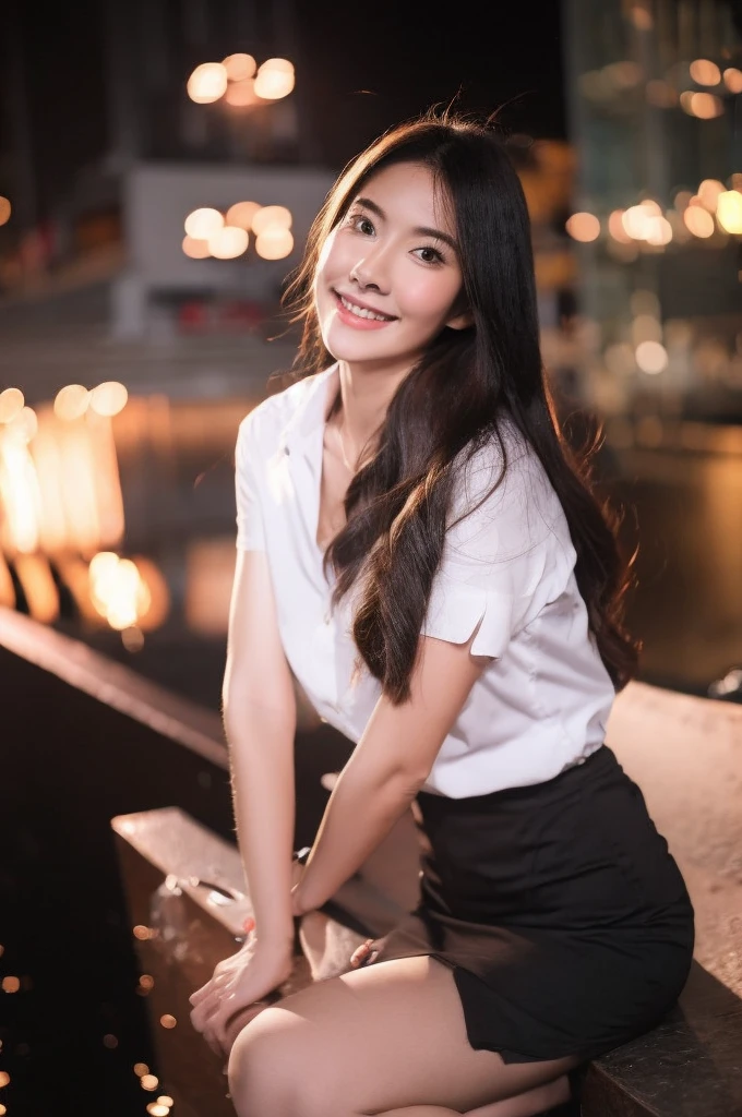 best quality, 8k, highly detailed face and skin texture, high resolution, cute asian girl in white shirt and black short skirt in city at night, sharp focus