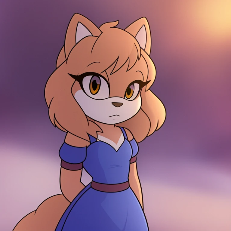 persian cat, white cat mobian, 1girl, fluffy hair, blue dress, fluffy tail