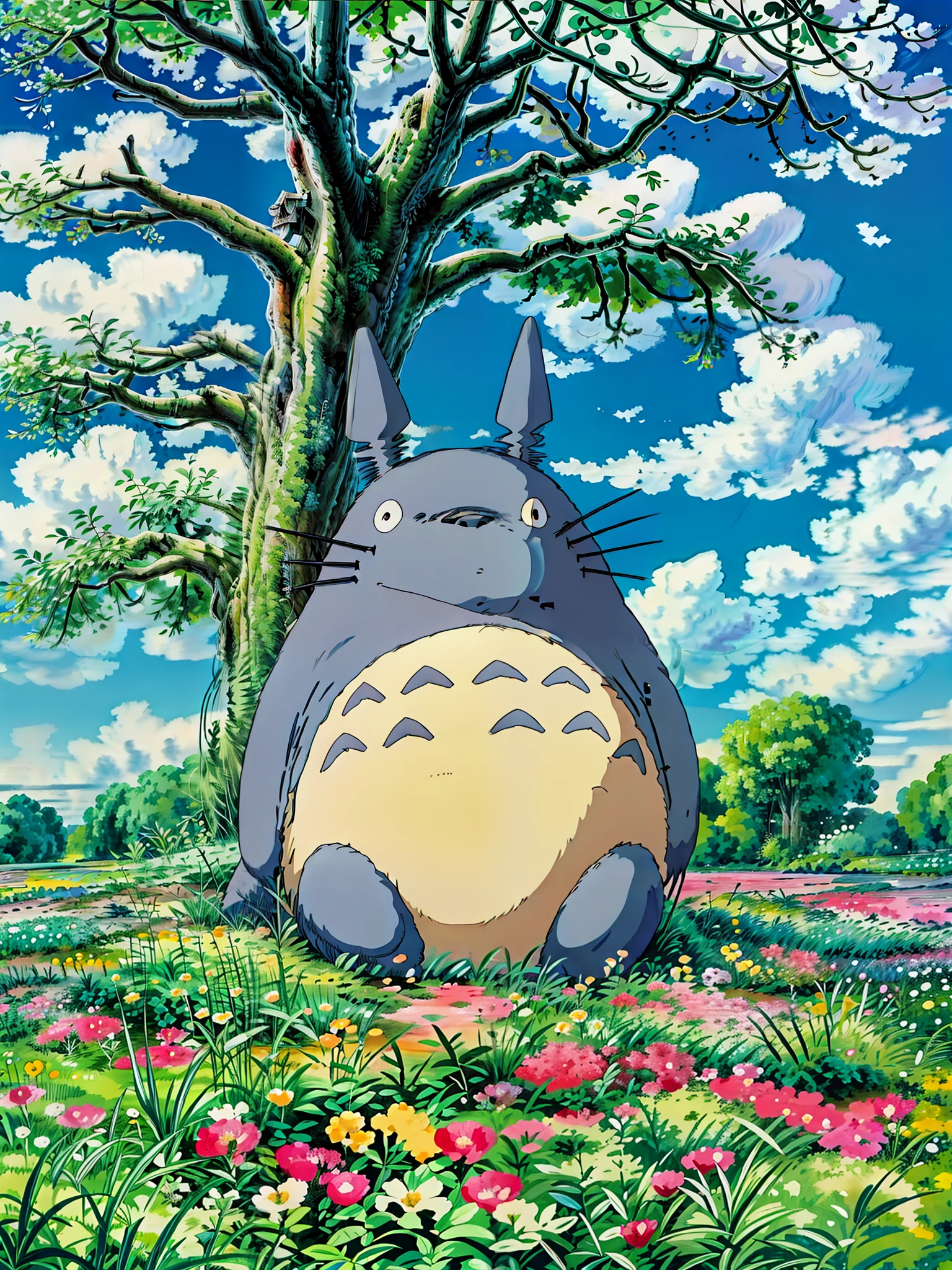 totoro sleeping in the field of flowers under tree, blue cloudy sky, studio ghibli,  4k hd,, beautiful art uhd 4 k, a beautiful artwork illustration, beautiful digital painting, highly detailed digital painting, beautiful digital artwork, detailed painting 4 k, very detailed digital painting, rich picturesque colors, gorgeous digital painting