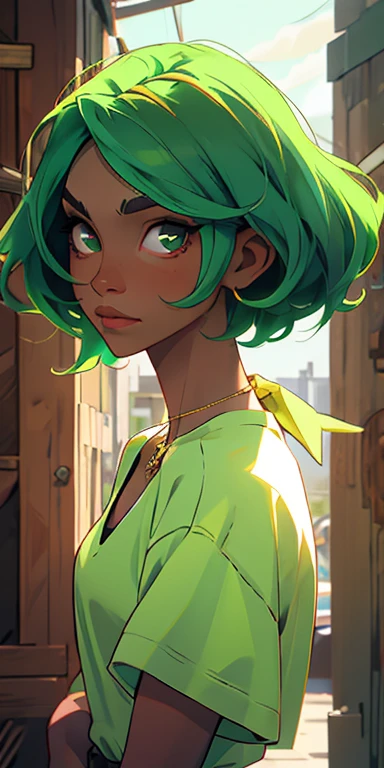 (masterpiece, best quality), 1girl, collarbone, rings, straight hair, looking at viewer, upper body, necklace, shirt, gang at back, dark skin, green hair, sunlight