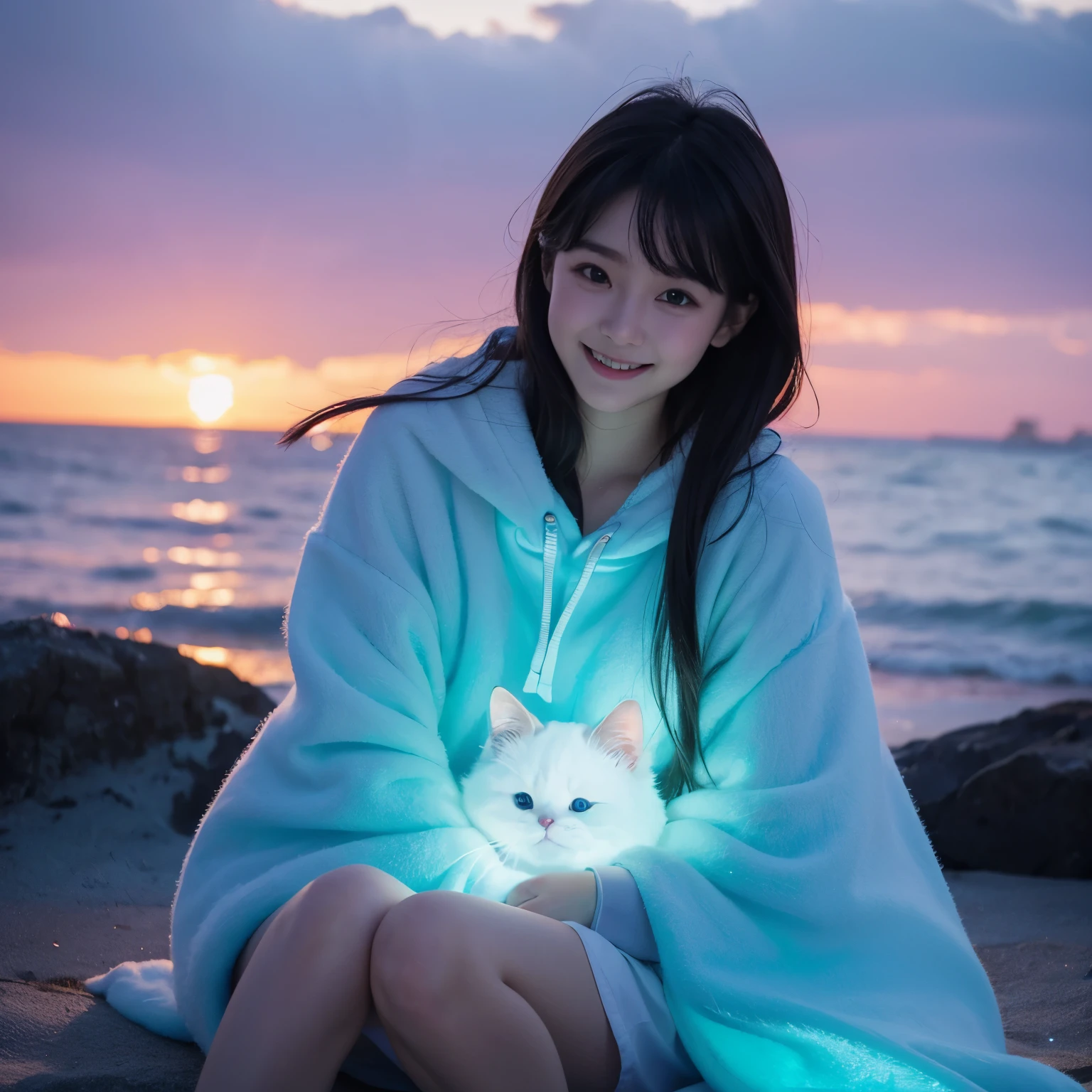  A cute anime cat wearing an ocean blue cloak with glowing light, smiling and sitting on the beach at sunset. The little boy is dressed in bright white with sparkling stars, emitting fluorescent waves of water. It has a happy expression and high definition resolution. With detailed facial features, it showcases realistic details in the style of an anime artist. 