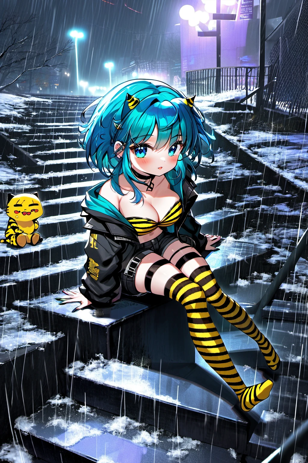 ((lum)), score_9, score_8_up, score_7_up, (solo), bangs, blue hair, blue eyes, yellow tiny tiger-striped horns, strip is black, yellow short tiger-striped oni horns, tiny shortly pointy ears as elf, aqua hair, eyeshadow, navel, cleavage, best quality, cyberpunk, cyberpunk art, ferris wheel, blushing cute emo woman, long colorful dyed hair, smirk showing fangs, ((fishnet stockings)), short hoodie with drawstrings, black cargo shorts, dark and snowing, sitting at the top of the steps in an abandoned park at night, Colorsplash,