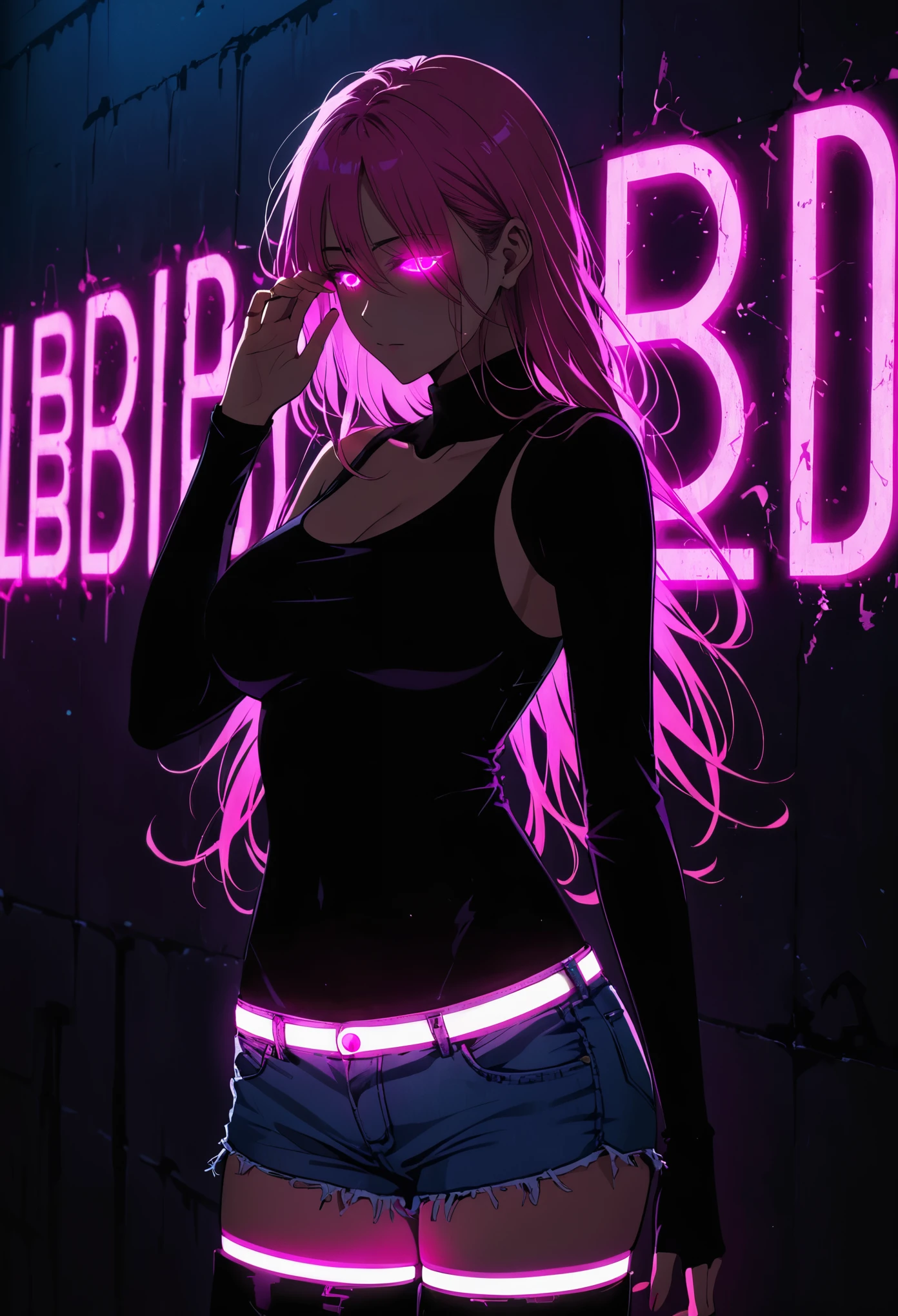 (Portrait of a mysterious Libra),indoor,Fluorescent illumination, (((Darkness shrouded, black background, shadow, extreme darkness, Dark atmosphere:1.8))),,Wall background,black background,silhouette,shadow,extreme darkness,Minimalist graffiti style background,Fluorescent pink eye graffiti,Dark atmosphere,cowboy shot,1girl,shortest Short shirt cutting,huge Breast,(shortest Short shirt cutting),underboob,blurred background,Blurred foreground,Pink fluorescent hair,Fluorescent pink eyes,Hand raised and touching hair,long hair,Messy hair,Low rise denim shorts,Over-the-knee boots,pink eye shadow,Ruined eyeshadow,Poker face