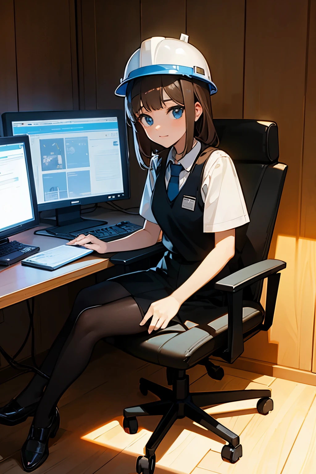 (best quality, masterpiece), hard hat, work vest, A 13-year-old girl wearing work clothes sitting in front of a PC and working.